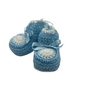 Baby Boy Booties Handcrafted Blue & White Crochet Infant Baby Boy Ribbon Tie